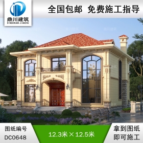 歐式二層帶陽臺小別墅施工圖紙及效果圖_農村兩層小戶型自建房屋設計,鼎川建筑