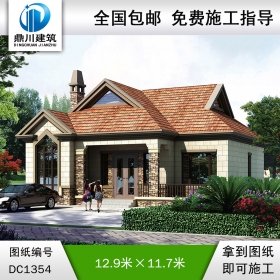 歐式一層帶閣樓別墅效果圖及施工圖紙_農村自建別墅設計,鼎川建筑